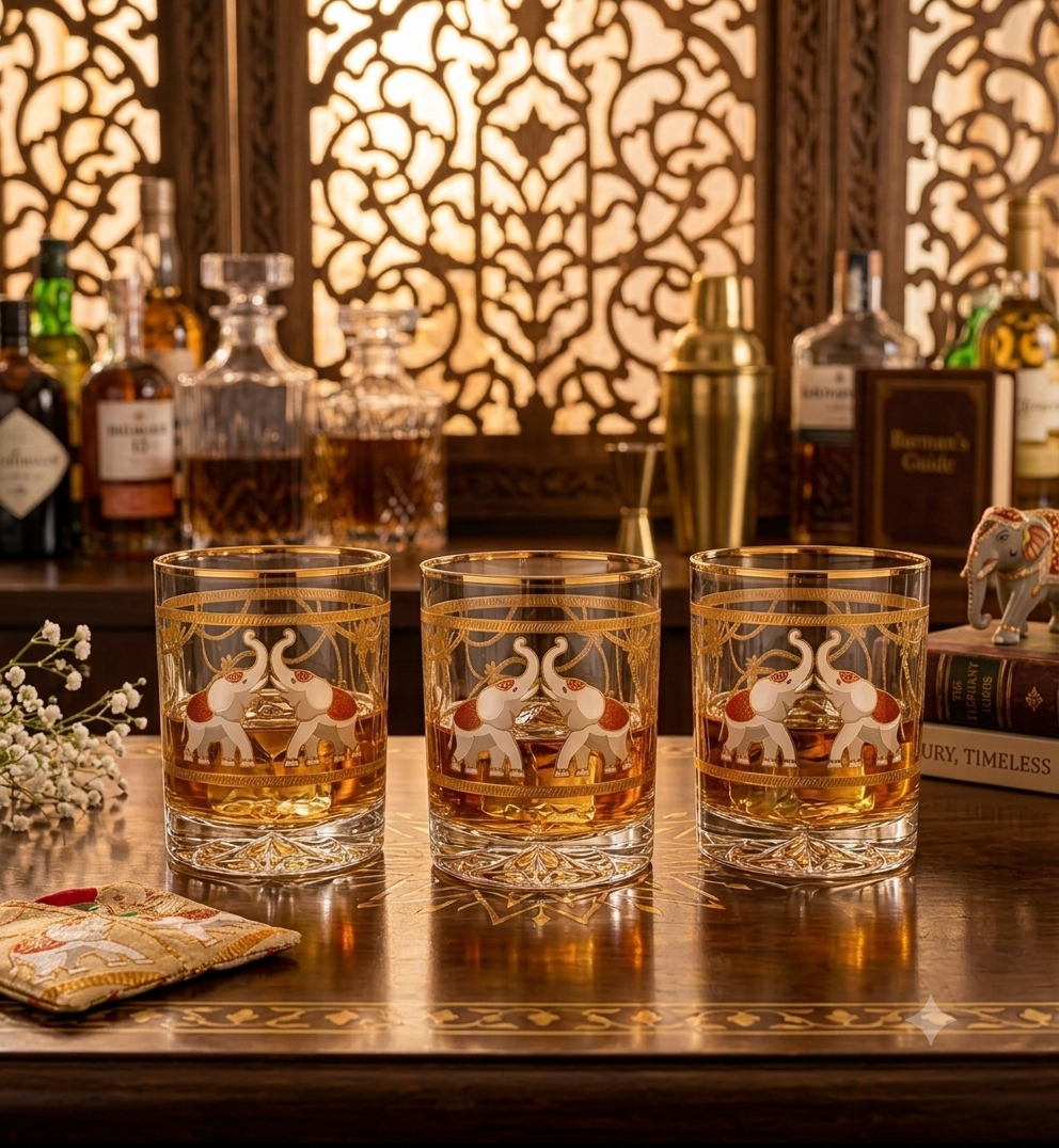 Crystal Maharaja Elephant Whiskey Glass - Gold Plated - Set of 6 (Leather Gift Box)