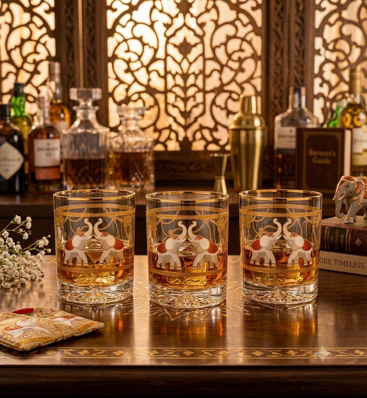 Crystal Maharaja Elephant Whiskey Glass - Gold Plated - Set of 6 (Leather Gift Box)