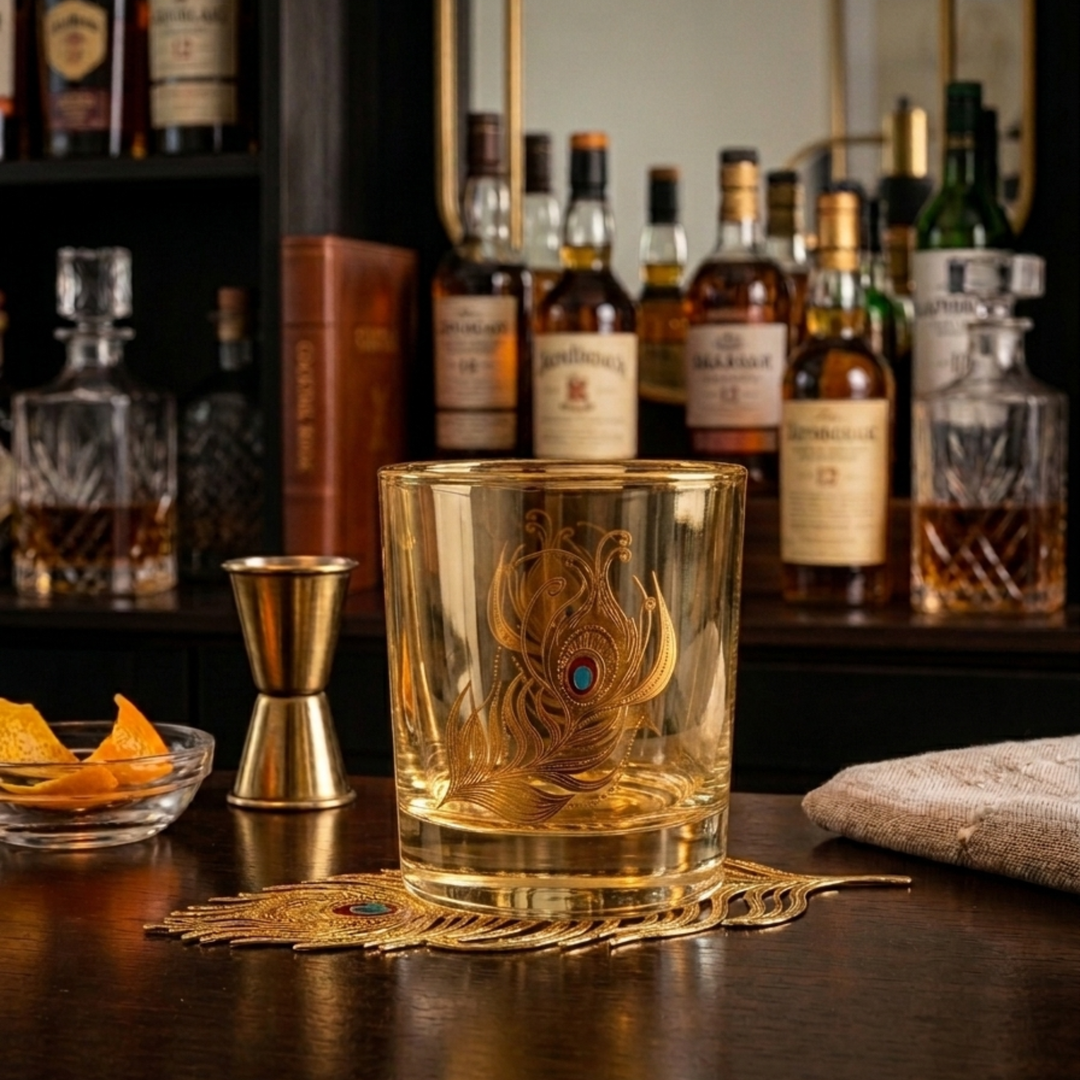 Premium Turkish crystal whiskey tumbler featuring elegant gold feather artwork