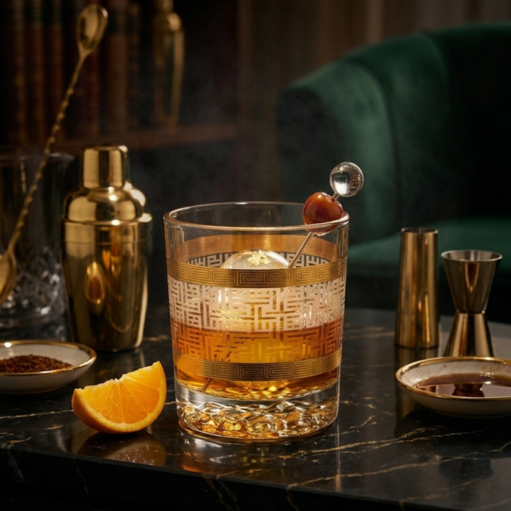 Designer whiskey glass with intricate gold geometric pattern crafted in Turkey for luxury entertaining