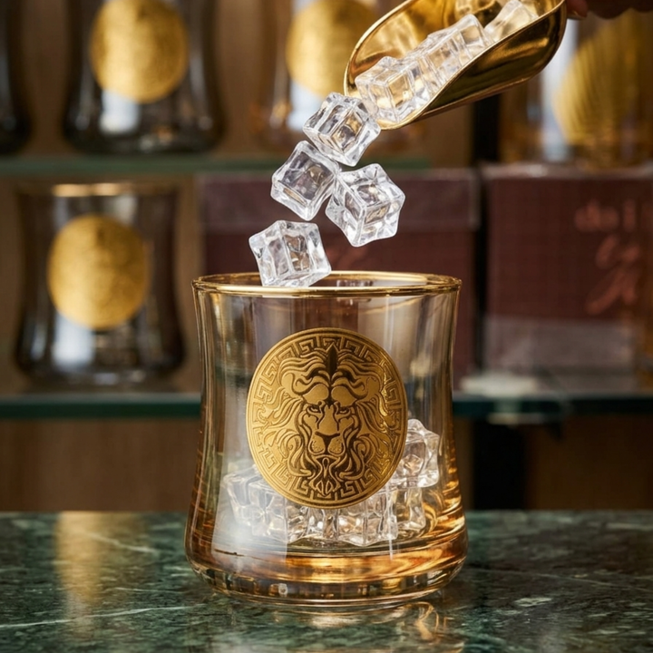Luxury rocks glass featuring a detailed gold lion motif for premium spirits