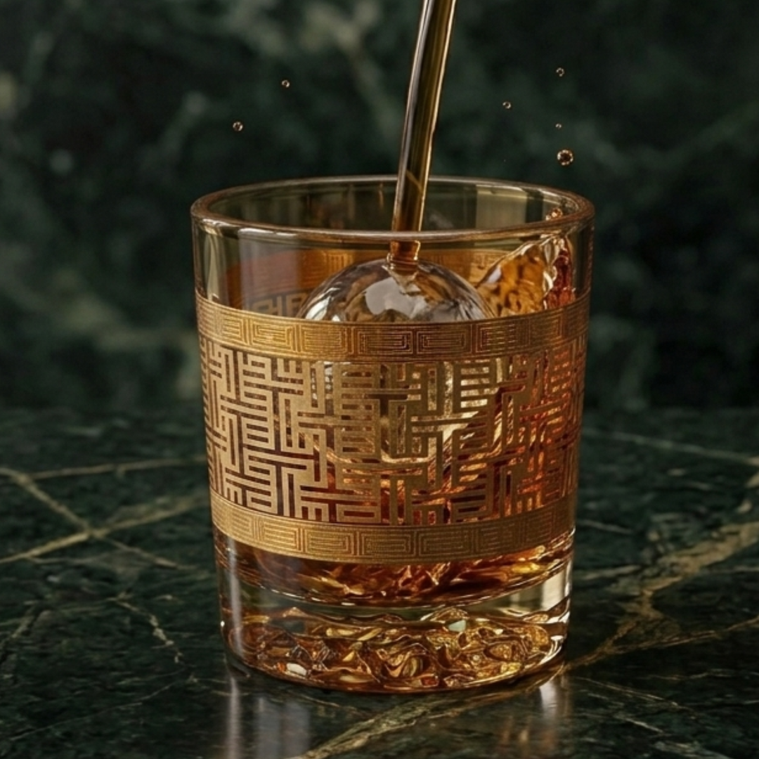 Imported Turkish crystal whiskey glass with decorative gold pattern and luxury finish