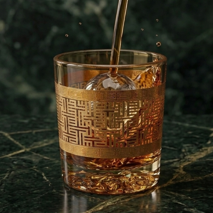 Imported Turkish crystal whiskey glass with decorative gold pattern and luxury finish