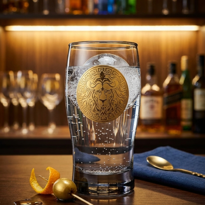 Monarch Lion long glass with gold lion emblem and smoky finish made in Turkey