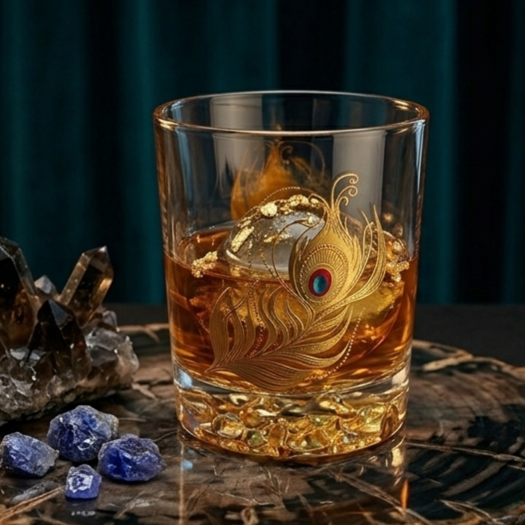 Heavy base crystal rocks glass with peacock feather inspired gold decoration