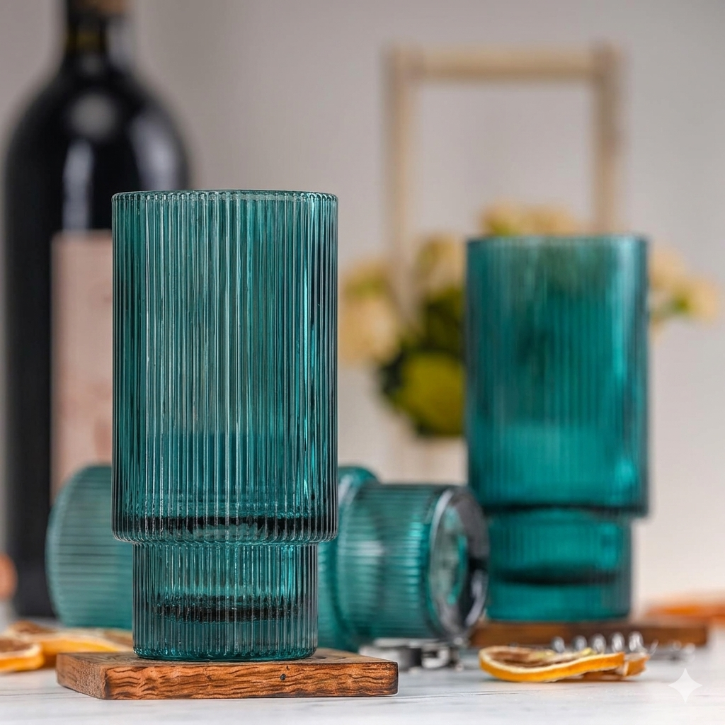 Aqua blue ribbed high ball glass with modern Korean design for water, cocktails and iced coffee