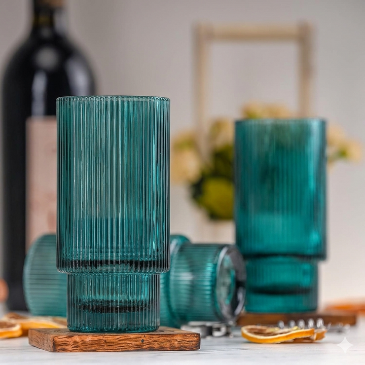 Aqua blue ribbed high ball glass with modern Korean design for water, cocktails and iced coffee