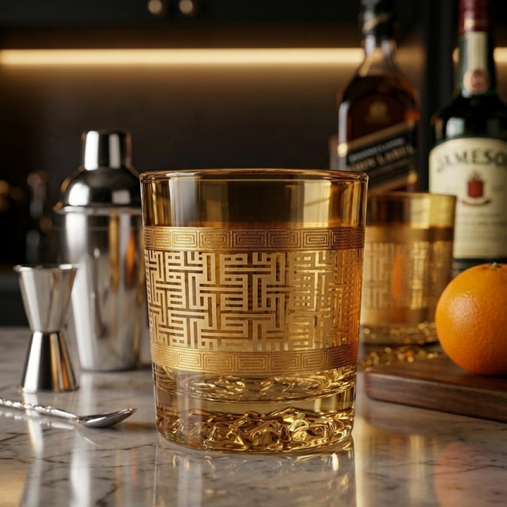 Prestige Golden Crystal Whiskey Glass Set of 6 made in Turkey with luxury gold pattern design for whiskey and bourbon lovers