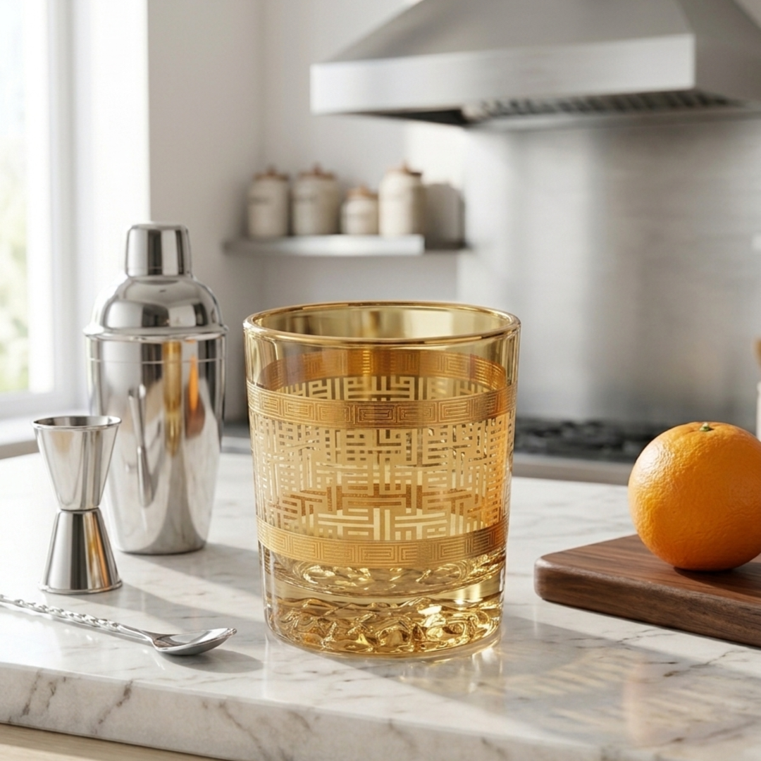 Luxury gold crystal rocks glass ideal for whiskey, cocktails, old fashioned drinks and home bars