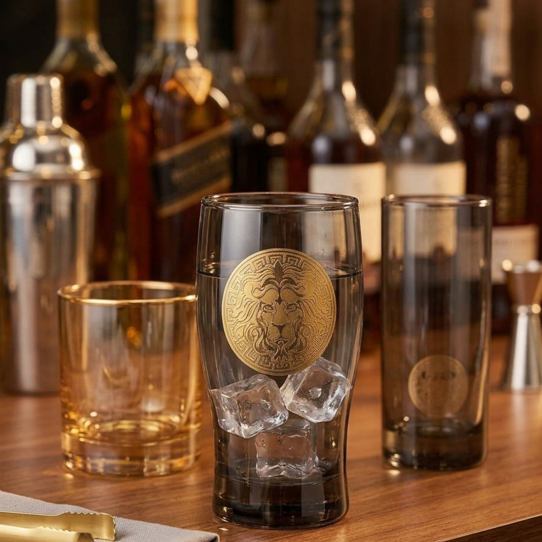 Designer drinking glass with royal lion artwork and modern smoky glass finish
