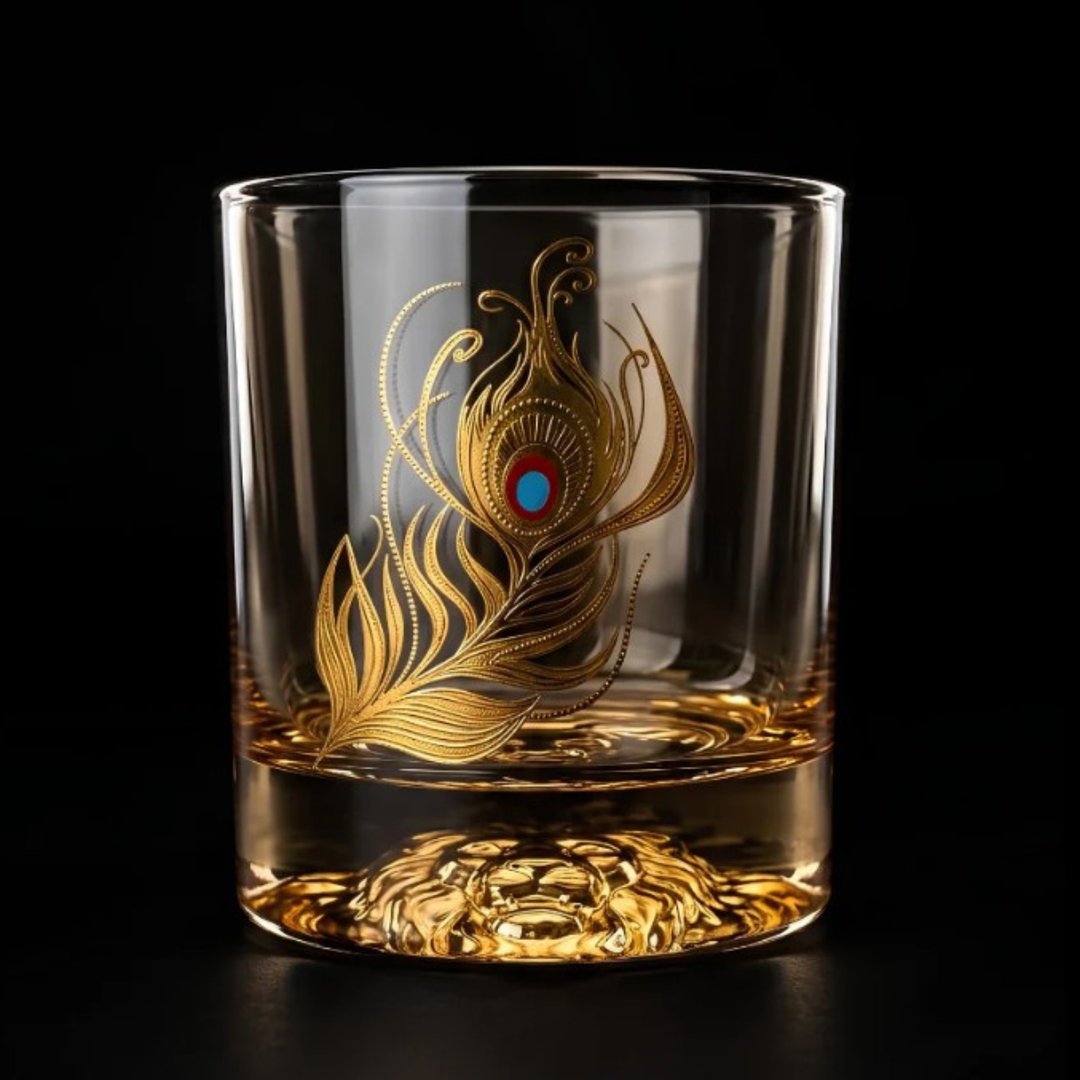 Luxury crystal whiskey glasses with gold peacock feather design and heavy crystal base
