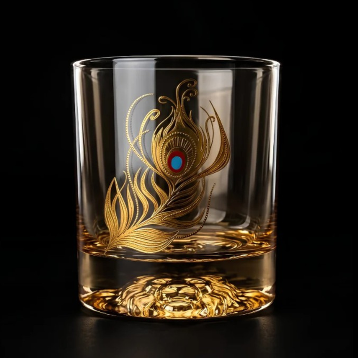 Luxury crystal whiskey glasses with gold peacock feather design and heavy crystal base