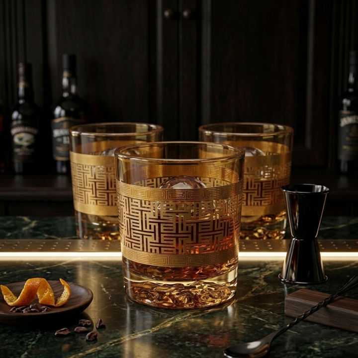 Heavy base crystal whiskey glass with premium gold finish for serving scotch, bourbon and premium spirits