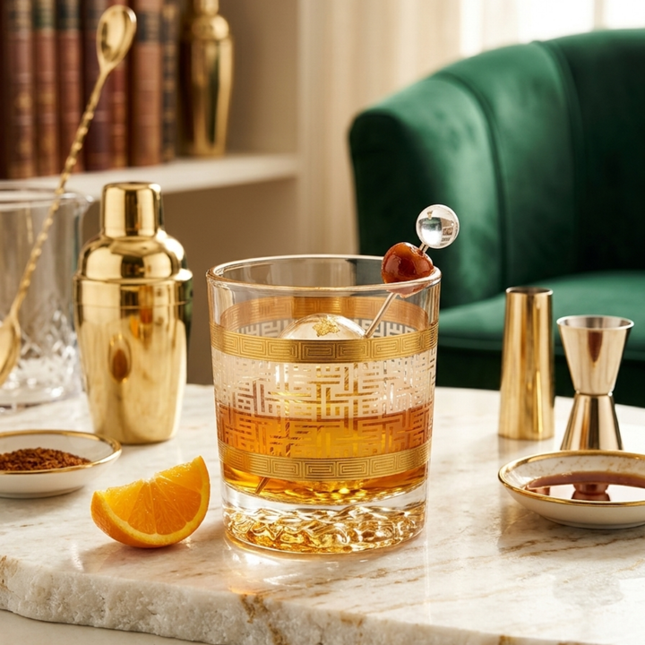 Premium crystal whiskey tumbler with elegant gold detailing and heavy base for scotch and bourbon