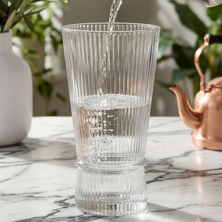 Clear fluted glass tumbler for juice, mocktails and cocktails