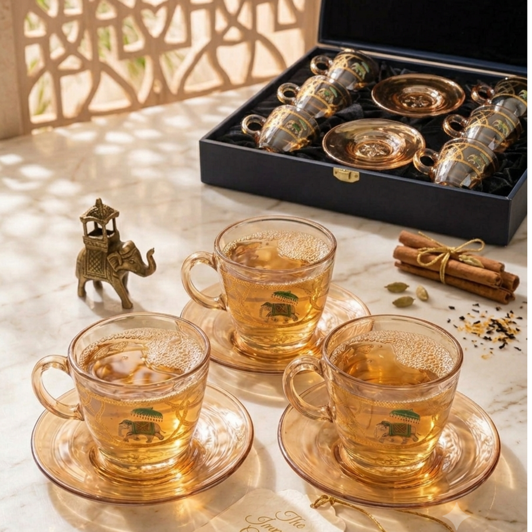 Premium glass tea and coffee cup set with elegant elephant artwork