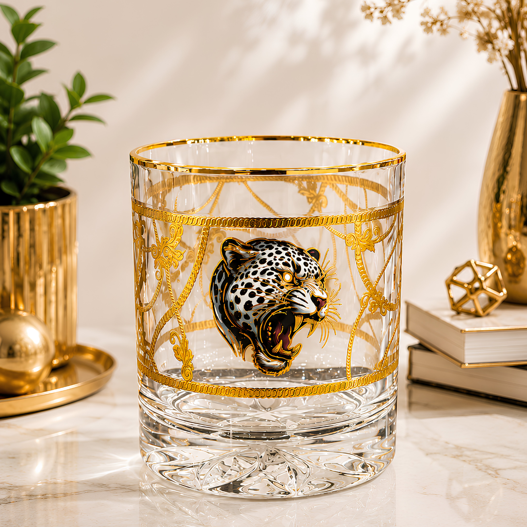 Luxury gift set of six Royal Leopard crystal whiskey glasses in leather gift box