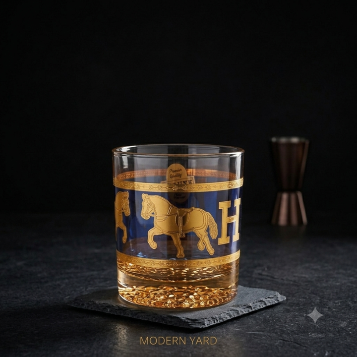 Royal Stallion crystal whiskey glass with luxury gold horse design by Modern Yard
