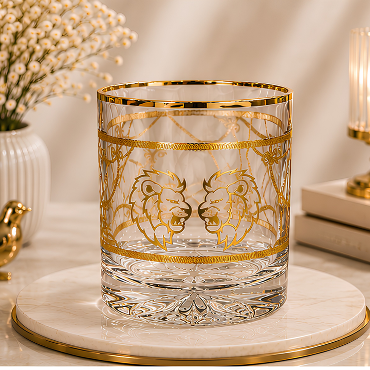 Premium Italian Crystal Whiskey Tumbler with Gold Twin Lions Artwork Modern Yard