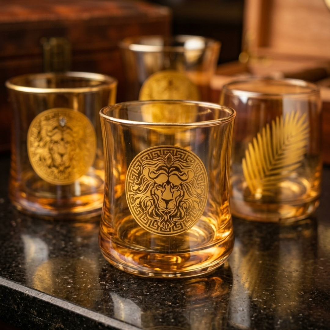 Heavy base crystal whiskey tumbler with royal gold lion artwork and premium finish