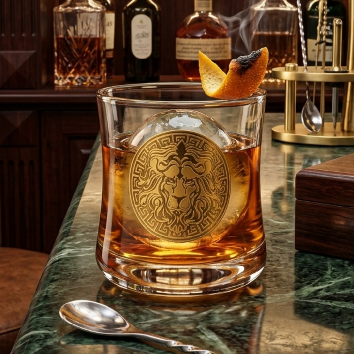 Designer crystal tumbler with gold lion crest ideal for home bars and entertaining