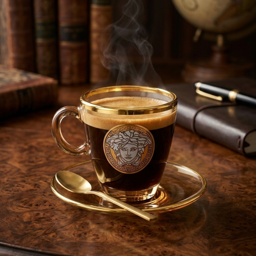 Modern Yard Versace Amber Cup and Saucer Set 230 ML with Leather Gift Box