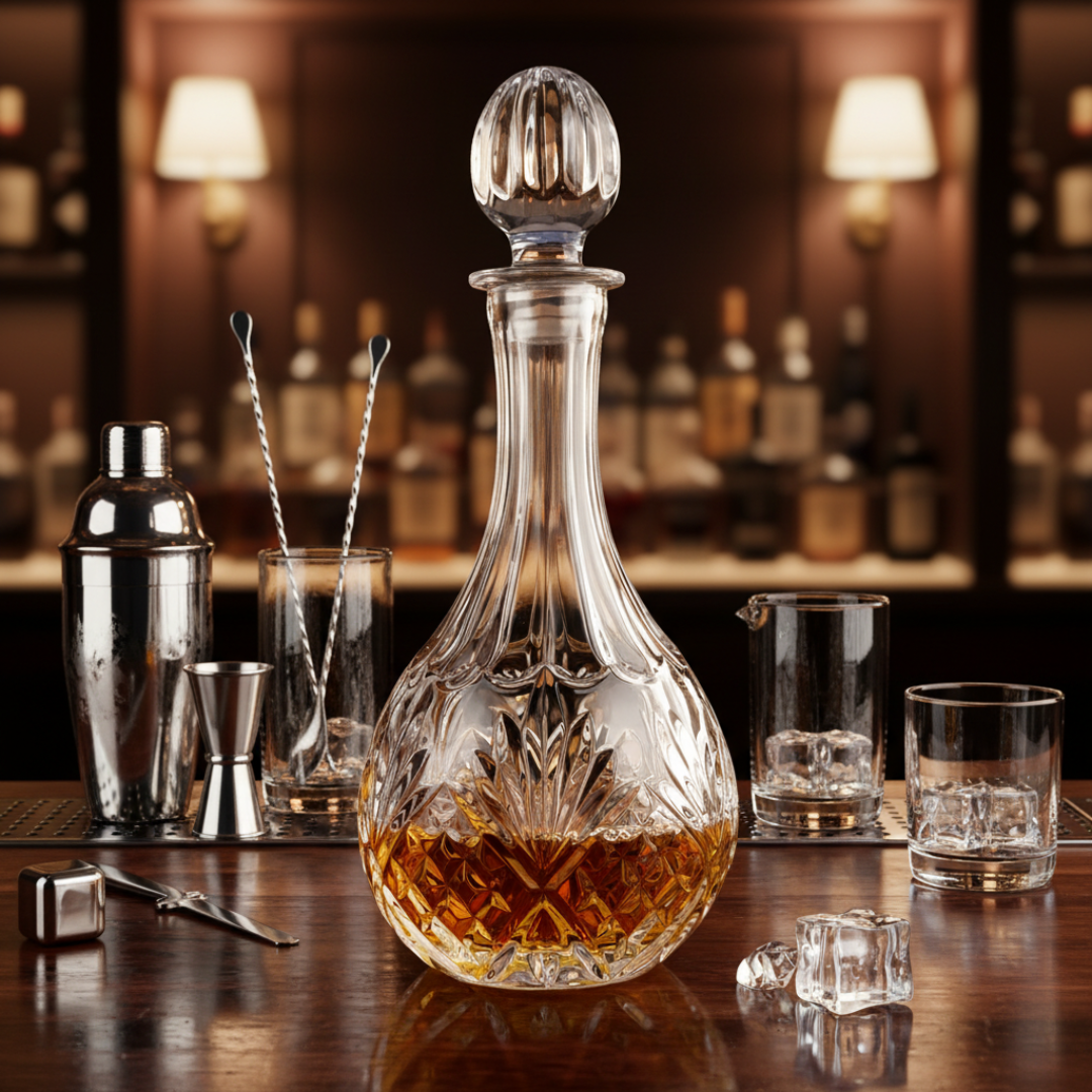 Premium crown inspired crystal stopper on Italian whiskey decanter for Scotch and Bourbon