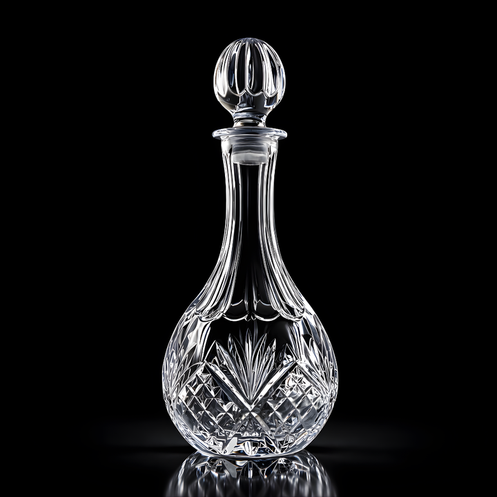 Monarch Crown crystal whiskey decanter made in Italy featuring luxury crown stopper and diamond cut crystal design