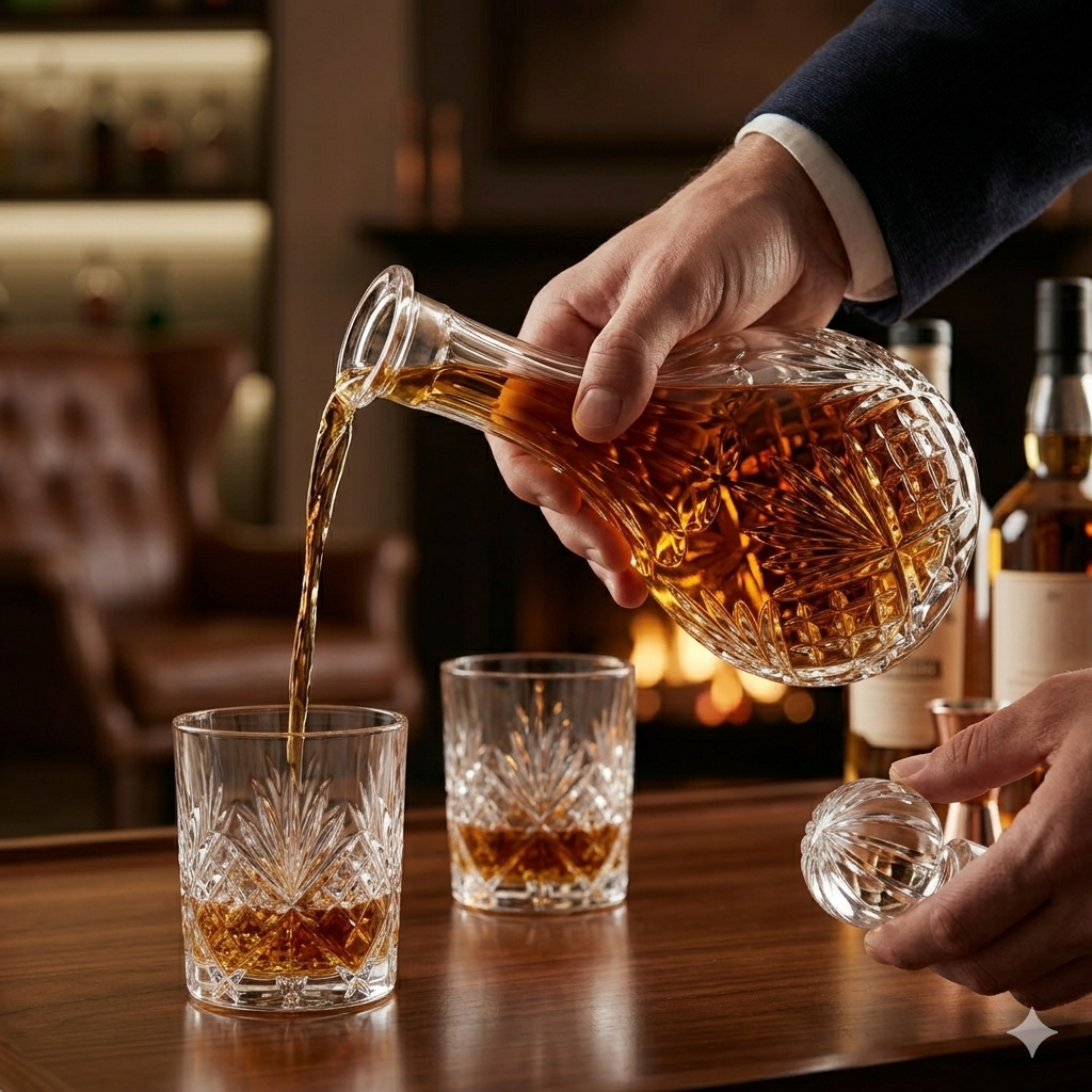 Long neck luxury crystal whiskey decanter made in Italy with sophisticated craftsmanship