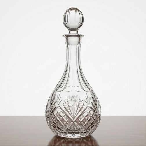 Diamond cut crystal whiskey decanter with brilliant light reflection and luxury barware design