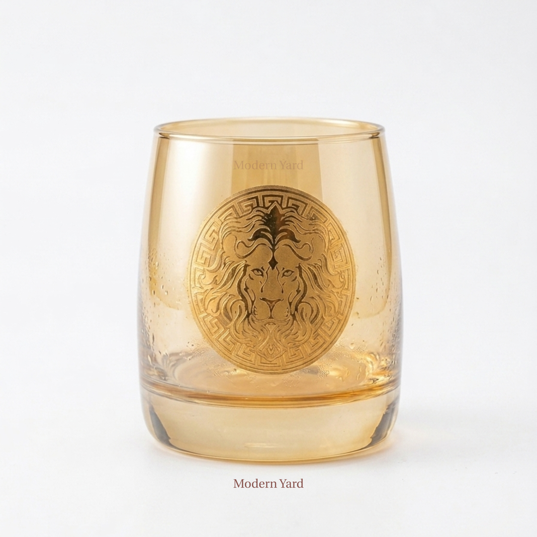 Elegant old fashioned whiskey glasses crafted from premium crystal with luxury gold lion artwork for sophisticated entertaining.