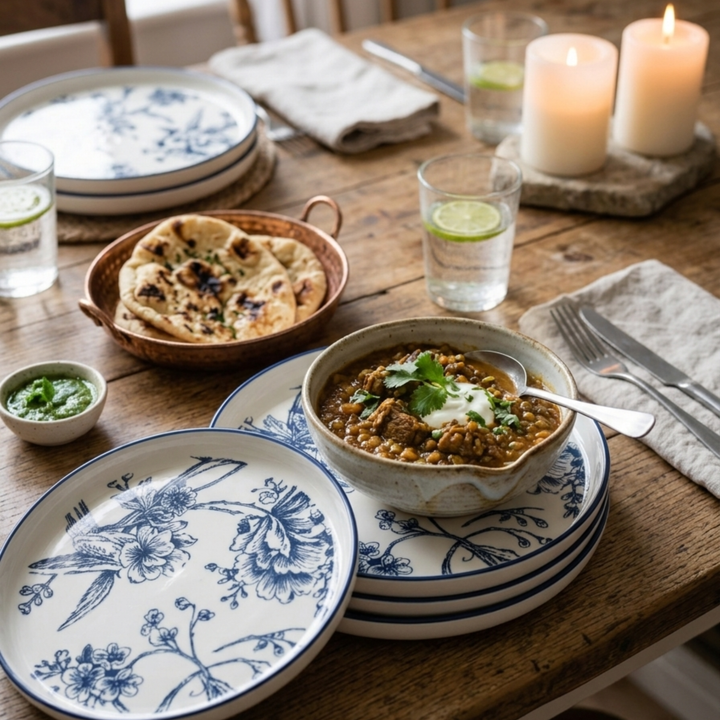 Azure Blossom Designer Quarter Plates (Set of 6) - Imported Bone China