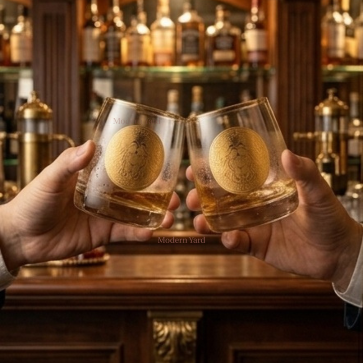 Premium Bohemian crystal whiskey glasses set featuring elegant gold lion engraving and luxury barware styling.