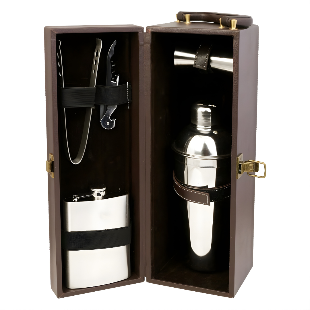 Premium stainless steel flask included in luxury whiskey gifting suitcase