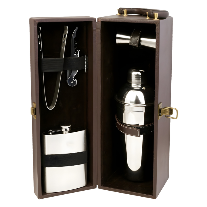 Premium stainless steel flask included in luxury whiskey gifting suitcase