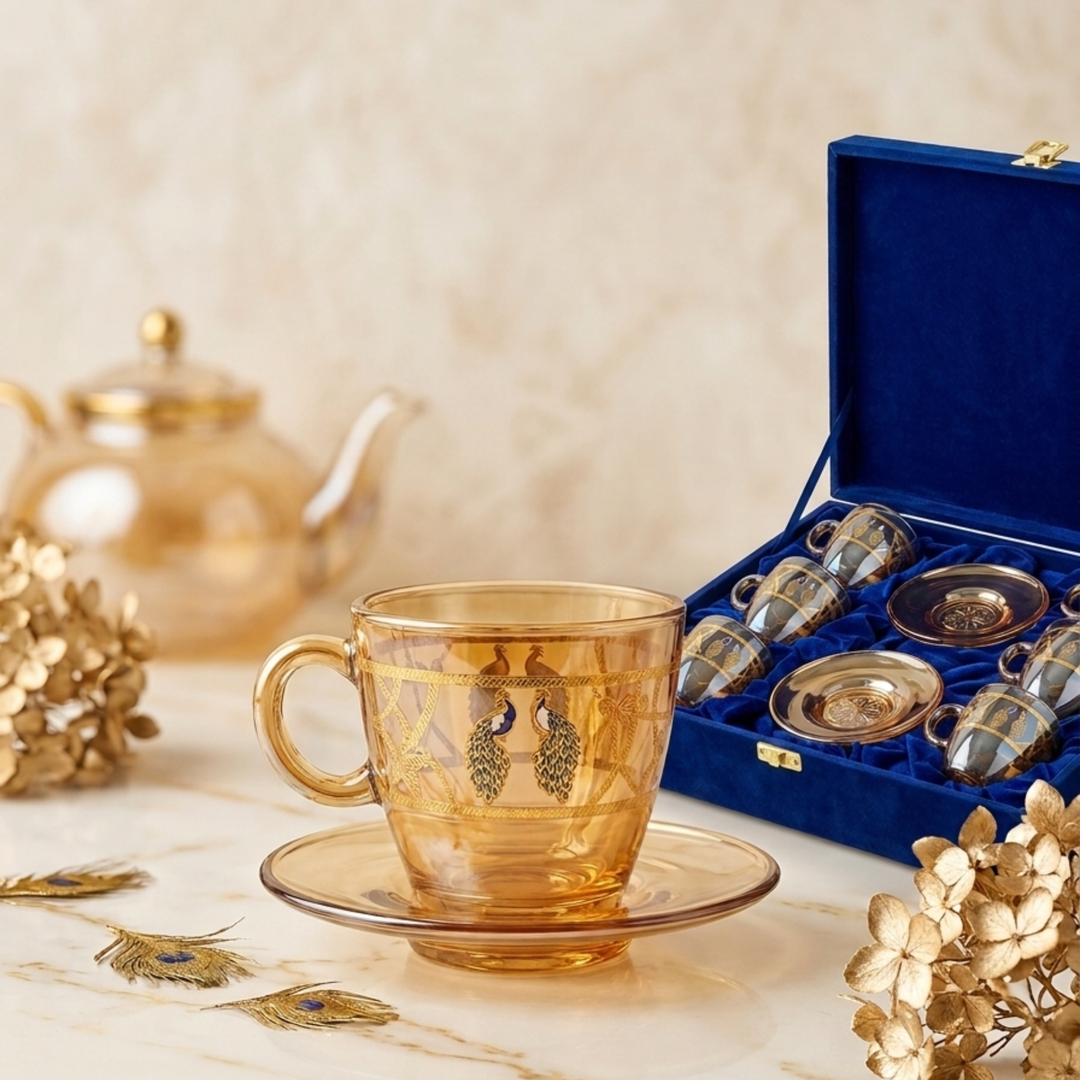 Luxury crystal tea cup and saucer set with gold plated peacock design
