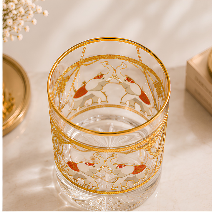 Crystal Maharaja Elephant Whiskey Glass - Gold Plated - Set of 6 (Leather Gift Box)
