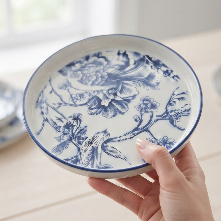Azure Blossom Designer Quarter Plates (Set of 6) - Imported Bone China