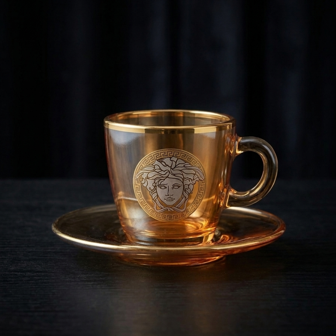 Elegant designer coffee cup and saucer set with gold detailing