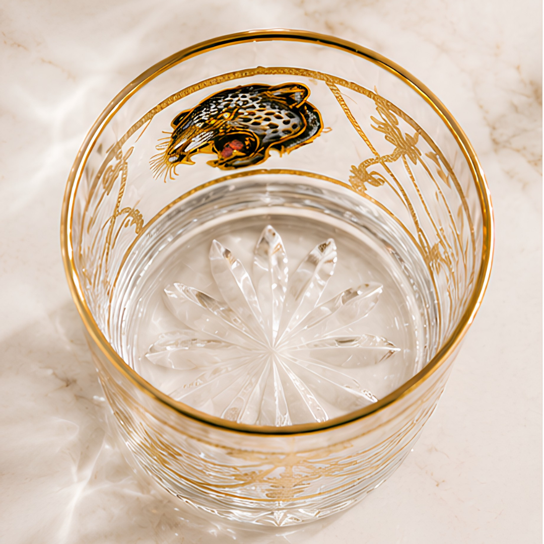 Handmade Italian crystal whiskey glass with gold-plated royal leopard motif