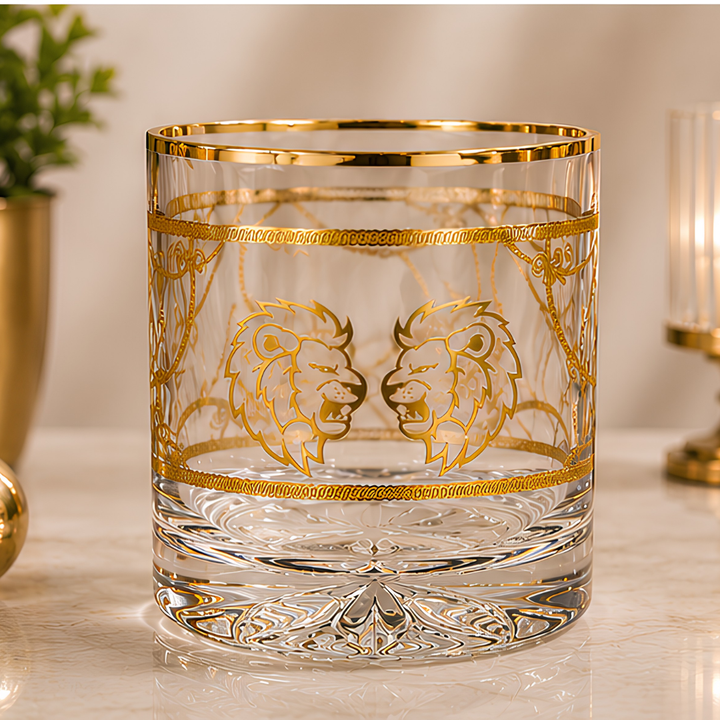 Italian lead-free crystal whiskey glass with gold-plated twin lions artwork