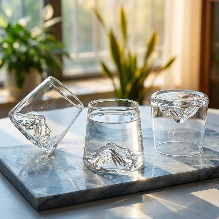 Luxury Old Fashioned whiskey glass featuring mountain-inspired heavy base design.