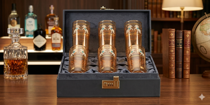 Imperial Horse 24k Gold-Rimmed Crystal Highball Glass | Set of 6 | Suitcase Gift Box