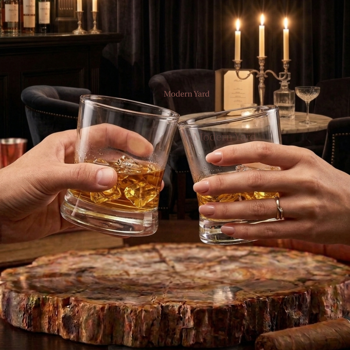Luxury crystal whiskey glasses made in Italy with elegant curved shape and premium barware styling.