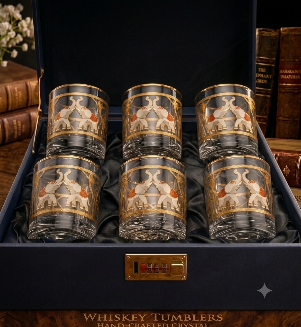 Crystal Maharaja Elephant Whiskey Glass - Gold Plated - Set of 6 (Leather Gift Box)