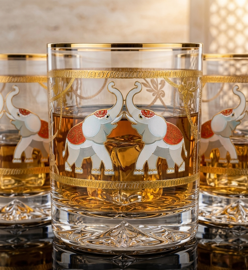 Crystal Maharaja Elephant Whiskey Glass - Gold Plated - Set of 6 (Leather Gift Box)