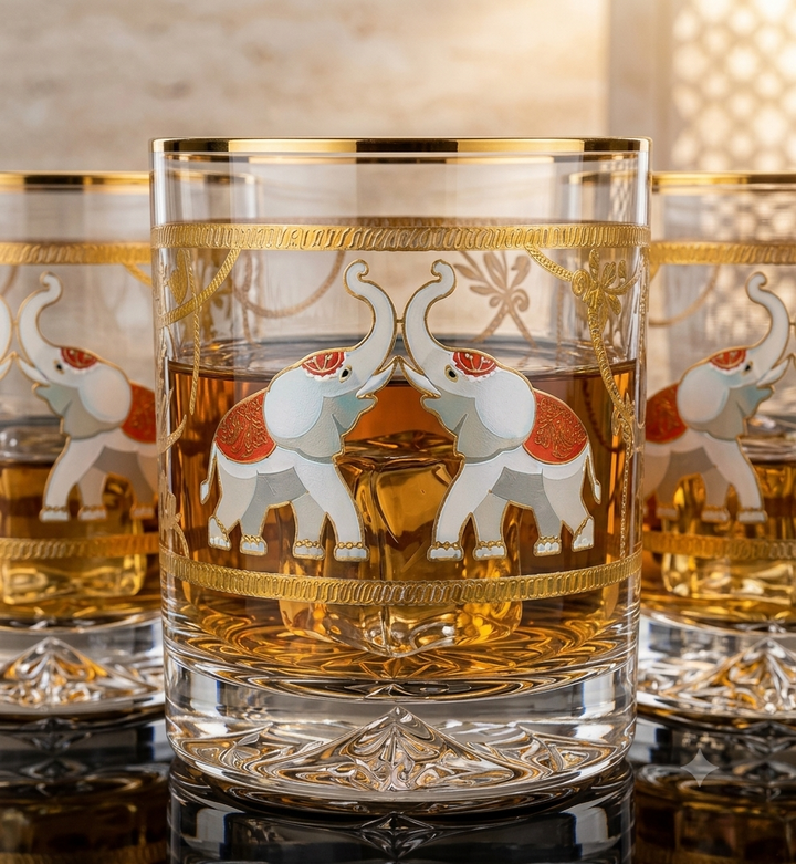 Crystal Maharaja Elephant Whiskey Glass - Gold Plated - Set of 6 (Leather Gift Box)