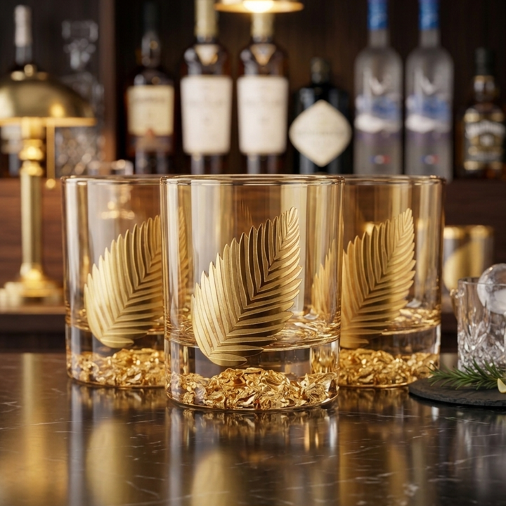 Royal Leaf Lion Gold whiskey glass filled with whiskey for premium drinking experience