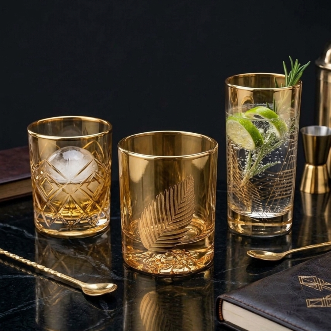 Set of six Royal Leaf Lion Gold luxury whiskey glasses for home bar and entertaining