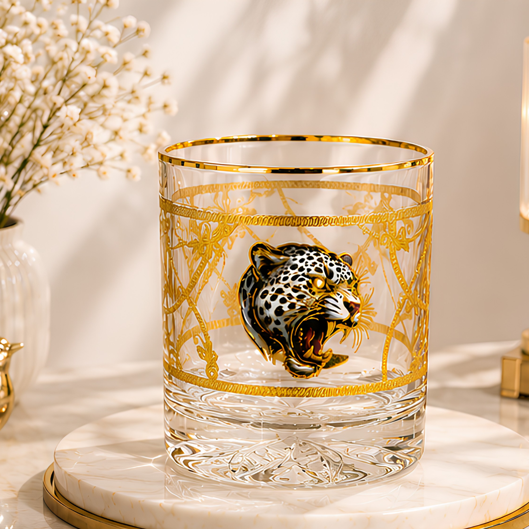 Modern Yard Royal Leopard crystal whiskey glass with 24K gold-plated leopard design